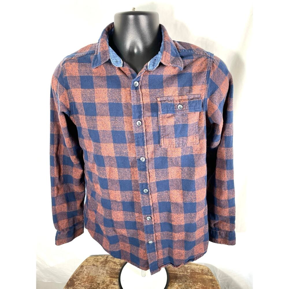 1775 Orange Navy Buffalo Plaid Flannel Shirt Sz Small